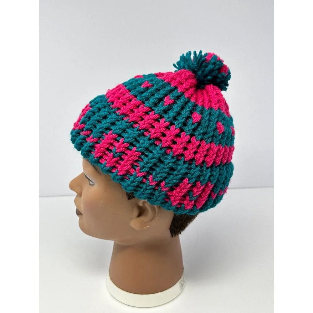 Women's Hand Knit Crochet Pink Teal Beanie Geometric Pattern Pom Pom Top R3